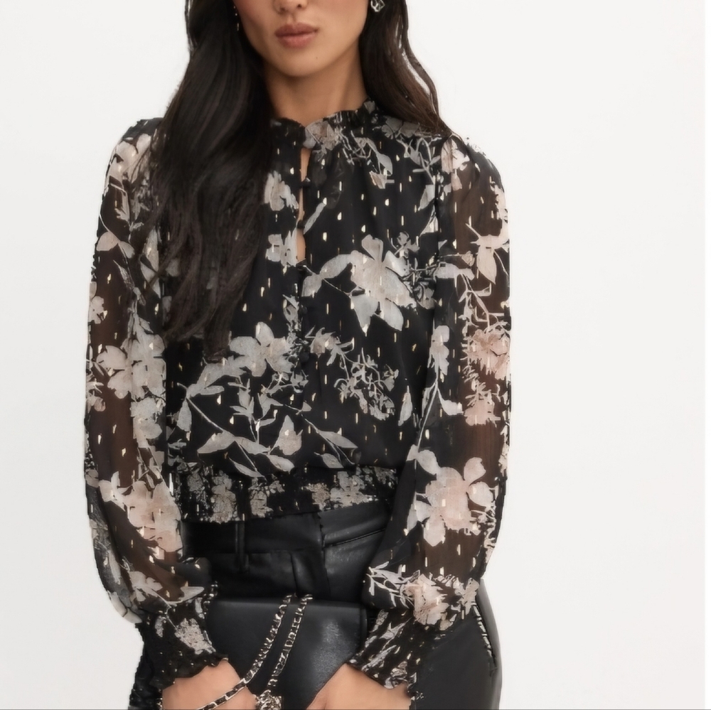 Melanie Lyne Cream and Black Ruffled Blouse Small